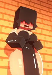 against_surface big_breasts black_armwear black_clothing black_hair blush coresvoid cute embarrassed goth hidden_eyes minecraft minecraft_background open_mouth pointy_teeth revealing_clothes robe shadow smooth_skin thick thick_ass thick_thighs wide_hips wooden_wall