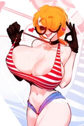 big_breasts breasts cleavage female_only keiko_(sachiko2s) looking_at_viewer orange_hair sachiko sachiko_lashes sachiko_shirayuki shorts