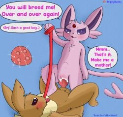 2023 angelica_(trippybunny) animal_genitalia anthro balls blush bodily_fluids clitoris cum cum_in_pussy cum_inside dialogue dominant dominant_female duo eevee eeveelution espeon female feral feral_on_feral generation_1_pokemon generation_6_pokemon genital_fluids genitals hi_res impregnation knot knotting leash male male/female nintendo penetration penile penile_penetration penis_in_pussy petplay piercing pokemon pokemon_(species) roleplay rupert_(trippybunny) sapient_animal sapient_feral sentient_animal sentient_feral sheath trippybunny vaginal_penetration