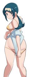 1girls ass big_ass big_breasts bikini bikini_bottom bikini_bottom_pull bikini_top blue_eyes blue_hair blush bottomwear breasts busty covering fat_ass female female_only game_freak hair hips lana's_mother_(pokemon) large_breasts looking_back mature mature_female mature_woman milf mother pabsmikan pokemon pokemon_sm sideboob smile solo solo_female teasing thighs topwear undressing yellow_bikini