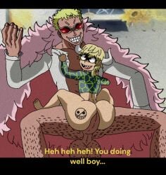 anal_sex big_ass big_dom_small_sub butt_tattoo dellinger donquixote_doflamingo femboy furu_flami hairy_balls hairy_legs humanoid light_blue_hair male male/male male_focus male_only monster_femboy muscular_male no_humans non-human non-human_only one_piece royalty sharp_teeth size_difference smiling sunglasses yaoi