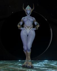 3d_(artwork) absurd_res alien alien_humanoid armor blizzard_entertainment blue_body blue_eyes blue_skin boots breasts clothing cosmic_background digital_media_(artwork) digitigrade fecharis female footwear gauntlets genitals gloves hands_on_hips handwear headgear helmet hi_res humanoid looking_at_viewer lorded mostly_nude mouthless nipples noseless protoss pussy selendis_(starcraft) solo space standing starcraft starry_background wide_hips