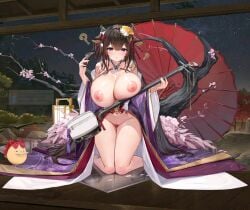 1girls animal_ears azur_lane breasts brown_hair female female_only kashino_(azur_lane) kashino_(robust_floral_strings)_(azur_lane) large_areolae large_breasts light-skinned_female light_skin long_hair looking_at_viewer mofumochii nipples pale_skin practically_nude purple_eyes pussy solo tagme thick_thighs thigh_gap thighs uncensored