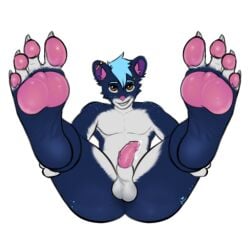 2023 4_toes anthro ass balls black_body blue_eyebrows blue_hair bodily_fluids brown_eyes claws countershade_arms countershade_legs countershade_torso countershading domestic_cat dripping ear_piercing eyebrows feet feetbunny felid feline felis fluffy_ears foot_focus genital_fluids genitals hair legs_up looking_at_viewer male mammal nude pawpads pecs penis piercing pink_ears pink_nose pink_pawpads pink_penis precum precum_drip round_ears short_hair smile smiling_at_viewer solo sticker telegram toes white_balls white_body white_claws