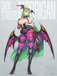 1girls alternate_costume animal_print_legwear bandolier big_breasts black_high_heel_boots black_thong_leotard busty capcom cleavage clothing confident_smile cute_fang cybernetic_wing darkstalkers demon_girl ear_piercing elbow_gloves futuristic futuristic_clothing futuristic_gun green_eyes green_hair gun head_wings hichi_(an_hee-chul) high_heel_boots holding_gun holding_pistol knee_pads large_breasts light-skinned_female light_skin long_hair long_hair_female mature_female medium_breasts morrigan_aensland name_tag no_sex non-nude orange_elbow_gloves pantyhose pink_fingernails pistol purple_pantyhose revolver smirk solo solo_female standing succubus tactical_gear thick_thighs thigh_gap thigh_strap thong_leotard tight_clothing very_long_hair wings yellow_horns
