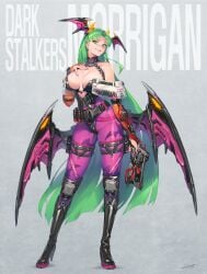 1girls alternate_costume animal_print_legwear bandolier big_breasts black_high_heel_boots black_thong_leotard busty capcom cleavage clothing confident_smile cute_fang cybernetic_wing darkstalkers demon_girl ear_piercing elbow_gloves female futuristic futuristic_clothing futuristic_gun green_eyes green_hair gun head_wings hichi_(an_hee-chul) high_heel_boots holding_gun holding_pistol knee_pads large_breasts leotard light-skinned_female light_skin long_hair long_hair_female mature_female medium_breasts morrigan_aensland name_tag no_sex non-nude orange_elbow_gloves pantyhose pink_fingernails pistol purple_pantyhose revolver smirk solo solo_female standing succubus tactical_gear thick_thighs thigh_gap thigh_strap thong_leotard tight_clothing very_long_hair wings yellow_horns