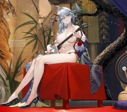 1girls azur_lane black_panties breasts female female_only hakuryuu_(azur_lane) high_heels horns light-skinned_female light_skin long_hair long_legs looking_at_viewer mofumochii nipples pale_skin panties practically_nude silver_eyes silver_hair smile solo tagme uncensored