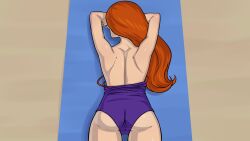 1girls ass beach beach_towel disney disney_channel female female_only high-angle_view kim_possible kimberly_ann_possible leroy2012 project:_possible prone rear_view solo swimsuit