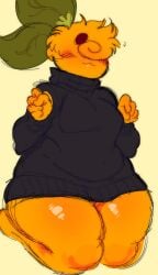 2d_(artwork) 77gkz big_eyebrows black_sweater blush colored_background female_only food_creature leaf leaf_on_head non-human orange_(77gkz) original_character sfw sitting_down smiling smug solo thick thick_thighs thighs