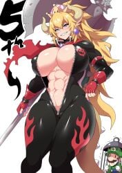 1girls abs axe blonde_hair blue_eyes bodysuit bowsette breasts cleavage female holding_object horns huge_breasts konno_tohiro light-skinned_female light_skin long_hair luigi mario_(series) new_super_mario_bros._u_deluxe nintendo pointy_teeth super_mario_bros. super_mario_bros._(2023_film) unzipped_bodysuit weapon