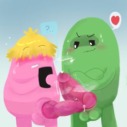 2boys balls bean_(dumb_ways_to_die) big_penis blonde_hair blush bonehead_(dumb_ways_to_die) calamity_(dumb_ways_to_die) dumb_ways_to_die green_skin heart knot knotted_penis male non-human pink_skin precum stumble sweating tagme