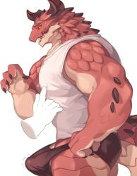 1boy 2023 absurd_res anthro ass back_spikes barazoku biceps big_arms big_tail black_eyes blush bodily_fluids bulge claws clothed clothed_anthro clothed_male clothing detailed disembodied_hand dragon erection genitals head_spikes hi_res horn long_tail looking_down male male_only mostly_nude mostly_nude_anthro mostly_nude_male motion_lines multicolored_body multicolored_skin muscular muscular_anthro muscular_male neck_spikes open_mouth pecs penis portrait presenting presenting_bulge pupils raised_arm red_body red_ears red_nose red_scales red_tongue scales scalie shadow sharp_claws sharp_teeth shirt side_view simple_background slit_pupils solo speedo spikes spikes_(anatomy) standing surprised_expression sweat sweaty_face swimwear tail tan_body tan_skin tank_top teeth thick_arms thick_neck thick_tail thick_thighs tongue topwear touching_chest touching_pecs triceps white_background white_body wide_eyed wingless_dragon yed yellow_sclera