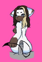 absurd_res anthro breasts brown_body brown_hair cainta cat_smile duo felid feline female genitals hair hi_res highlights_(coloring) looking_at_viewer male male/female mamamunny mammal nipples penis sitting_on_another snaggle_tooth spade_tail tail