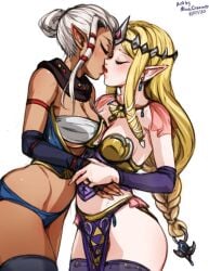 2girls blonde_hair blue_bra blue_panties bra braided_ponytail breasts closed_eyes corset detached_sleeves earrings hair_bun harem_outfit holding_hands hyrule_warriors impa impa_(hyrule_warriors) kissing large_breasts midriff minacream nintendo panties pelvic_curtain princess_zelda sarashi scarf slave_bikini the_legend_of_zelda thighhighs tiara white_hair yuri zelda_(hyrule_warriors)