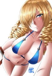 1girls big_breasts bikini blonde_hair blue_bikini blue_eyes breasts busty cleavage drill_hair female female_only hair_over_one_eye large_breasts legs looking_at_viewer navel oriana_thompson smile solo swimsuit thighs to_aru_majutsu_no_index