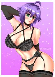 1girls arm_behind_head armpits big_breasts black_bra black_panties blush bra breasts busty cleavage female female_only garter_straps green_eyes highres kactzzu large_breasts legs looking_at_viewer makeup navel original panties pink_lips pose posing sensual smile thick_thighs thighhighs thighs thong underwear voluptuous yukino_akaihi yukino_memories