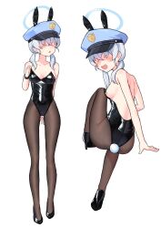 bandaid bandaids_on_nipples blue_archive blush bunny_ears bunny_tail bunnysuit chuo8008 cute_fang fake_animal_ears female hair_over_eyes hat leotard pantyhose sideboob valkyrie_police_school_logo_(blue_archive) valkyrie_police_school_student valkyrie_police_school_student_(blue_archive)