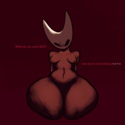 1:1 1girls annoyed breasts child_bearing_hips collarbone dialogue english_text female female_only front_view hi_res hollow_knight hornet_(hollow_knight) horns kneeling looking_at_viewer mask medium_breasts navel nipples nude nude_female on_knees pinupbug red_background simple_background sitting solo solo_female talking_to_viewer team_cherry text thick_thighs wide_hips