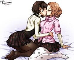 2girls bed black_skirt breasts brown_hair closed_eyes crown_braid hand_on_another's_hip haru_okumura kissing kissing large_breasts makoto_niijima minacream on_bed overalls pantyhose persona persona_5 pink_sweater pleated_skirt ribbed_sweater school_uniform shirt short_hair shujin_uniform skirt sweater white_shirt yuri