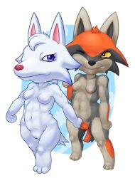 abstract_background animal_crossing anthro arctic_wolf areola blue_eyes breasts canid canine canis casual_nudity countershade_face countershade_tail countershade_torso countershading digitigrade duo female female/female fur genitals grimace group_nudity hair head_tuft hip_tuft hybrid invalid_tag jennifer_(gotadraw) mammal mklxiv multicolored_body multicolored_fur navel nintendo nipples one_eye_closed one_eye_obstructed orange_pubes pain paws pubes pulling_hair pussy red_wolf small_breasts smile smirk tail thick_thighs touching_hair tuft walking whitney_(animal_crossing) wide_hips wolf yellow_eyes