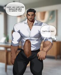 balls big_balls big_penis boner boss erection facial_hair fully_clothed male male_only muscles muscular penis penis_out solo solo_male speech_bubble tuanenoh