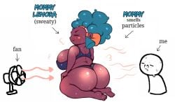 1boy dark_skin female green_hair huge_ass lenora_(pokemon) m_jr_art mature_woman milf pokemon smell smell_particles_meme sweatdrop sweating