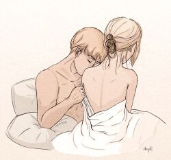 1boy 1girls annie_leonhardt armin_arlert attack_on_titan bare_back blonde_female blonde_female/blonde_male blonde_hair blonde_hair_male female kissing_shoulder male male/female naughty_amyr_k pillow romantic sheets shingeki_no_kyojin straight suggestive