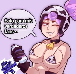 1girls ame_momos brawl_stars breasts cow_girl cowbell janet_(brawl_stars) milk nipple_bulge nipples_visible_through_clothing solo