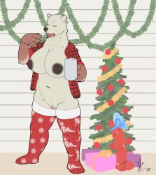 2019 anthro bear big_breasts black_nipples bottomless bottomless_anthro bottomless_female breasts christmas christmas_tree closed_eyes clothed clothing female footwear fur gift hi_res holidays lavasi legwear mammal nipples open_clothing open_mouth open_shirt open_topwear pattern_clothing pattern_shirt pattern_topwear plaid plaid_clothing plaid_shirt plaid_topwear plant polar_bear pubes shirt socks solo stocky thigh_highs thigh_socks tinsel topwear tree ursine white_body white_fur yawn