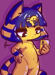 absurd_res animal_crossing ankha ankha_(animal_crossing) anthro areola arustuff black_eyes breasts felid feline female flat_chested genitals hi_res holding_object holding_phone mammal nintendo nipples nude phone pussy solo yellow_body