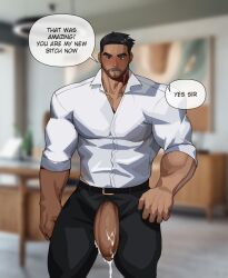 after_orgasm balls big_balls big_penis blush boss cum facial_hair flaccid fully_clothed male male_only muscles muscular penis penis_out solo solo_male speech_bubble tuanenoh