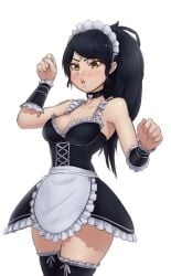 1girl 1girls 2d black_hair black_hair_female boob_window collar female forehead_jewel french_maid french_maid_nidalee gem_on_forehead honeyshaman irritated jewel_on_forehead league_of_legends loveheart maid_apron maid_dress maid_headdress maid_outfit maid_stockings maid_uniform nidalee orange_eyes orange_eyes_female riot_games simple_background slight_blush solo_female solo_focus white_background