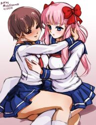 2girls blue_eyes blue_skirt breasts brown_eyes brown_hair hairbow haramura_nodoka hugging kneehighs large_breasts long_hair minacream miyanaga_saki pink_hair sailor_collar saki school_uniform shirt short_hair skirt white_shirt yuri