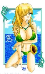 1girls arm_support arm_under_breasts beach big_breasts bikini blonde_hair blue_eyes breast_hold breasts busty cleavage drill_hair female female_only green_bikini hair_over_one_eye kneeling large_breasts looking_at_viewer mouth_hold navel ocean oriana_thompson smile solo swimsuit to_aru_majutsu_no_index water