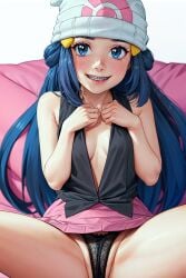 ai_generated aioddity beanie black_shirt blue_eyes blue_hair blush braces breasts dawn_(pokemon) female female_only long_hair looking_at_viewer open_shirt panties pokemon skirt sleeveless small_breasts smile solo spread_legs teeth