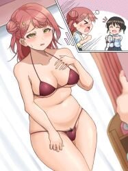 2girls angry bikini blush chubby_female clothes_hanger clothing_too_small embarrassed embarrassed_underwear_female embarrassing_outfit female female_only girls_reacting_to_bikini_(meme) large_breasts love_live! love_live!_nijigasaki_high_school_idol_club medium_breasts peach_mochi_(artist) pink_hair pubic_hair pubic_hair_peek takasaki_yuu trying_on_clothes uehara_ayumu undersized_clothes