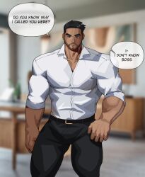 boss facial_hair fully_clothed male male_only muscles muscular solo solo_male speech_bubble tuanenoh