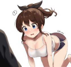 ! 2020s 2023 bare_arms bare_shoulders barefoot bent_over black_shorts blue_eyes breasts brown_hair camisole cleavage collarbone crop_top dolphin_shorts female hair_ribbon idolmaster idolmaster_million_live! idolmaster_million_live!_theater_days large_breasts long_hair midriff ponytail ribbon satake_minako shirt short_shorts shorts side_slit simple_background sleeveless sleeveless_shirt solo spaghetti_strap spoken_exclamation_mark strap_slip thighs white_background white_shirt