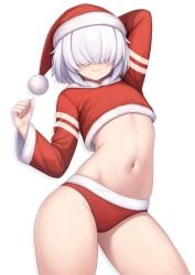 arc9_(mikoscrub) christmas crop_top female hair_over_eyes long_sleeves mikoscrub navel panties smile underwear white_background white_hair