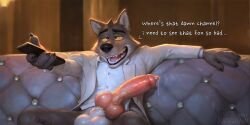 2023 ai_generated anthro balls big_penis bottomless costume dreamworks erection holding_object katarhein knot leaking_precum male male_only mr._wolf_(the_bad_guys) open_mouth satisfied_look shirt sitting_on_bed solo the_bad_guys thick_penis wolf