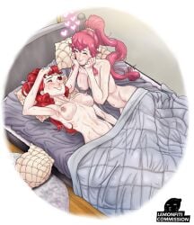 2girls after_sex anna_(fire_emblem) anna_(fire_emblem:_three_houses) armpits bed breasts closed_eyes completely_nude crossover exhausted female female_only fire_emblem fire_emblem:_three_houses heart indoors kasumi_yoshizawa lemonfiti long_hair medium_breasts multiple_girls nintendo nude nude_female on_back on_bed one_eye_closed persona persona_5 pink_hair ponytail red_eyes red_hair sex smile sumire_yoshizawa sweat sweaty tribadism yuri