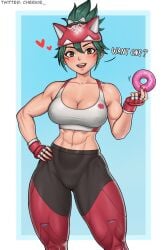 1girls abs animal_ears blizzard_entertainment blue_background breasts cat_ears cheekie0 cleavage covered_nipples doughnut english_text female fingerless_gloves food gloves green_hair heart kiriko_(overwatch) kiriko_kamori large_breasts looking_at_viewer muscular muscular_female nipple_bulge orange_eyes overwatch overwatch_2 pants ponytail solo sports_bra taut_clothes thick_thighs thighs tight_clothes tight_pants toned two-tone_pants white_sports_bra