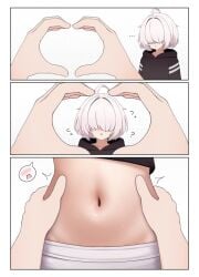 ... ? ahoge arc9_(mikoscrub) blush female hair_over_eyes hoodie mikoscrub navel navel_focus waist waist_grab white_hair