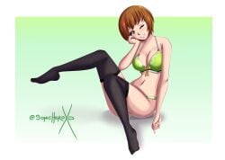 1girls atlus belly_button bikini bikini_bottom bikini_top blush blushing bob_cut boobs breasts brown_eyes brown_hair curves curvy curvy_body curvy_female curvy_figure female female_focus female_only foot_up green_bikini green_bikini_bottom green_bikini_top happy light-skinned_female light_skin lingerie lingerie_only looking_at_viewer one_eye_closed persona persona_4 pose posing posing_for_the_viewer satonaka_chie seductive seductive_eyes seductive_look seductive_mouth seductive_pose seductive_smile short_hair simple_background sitting sitting_down sitting_on_floor sitting_on_ground smile smiling smiling_at_viewer solo sonicheroxd thigh_highs thighhighs thighs tits wink winking winking_at_viewer