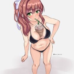 1girls balancing_object boba boba_tea breasts cup doki_doki_literature_club female female_only green_eyes kun_kaiss looking_at_viewer monika_(doki_doki_literature_club) object_between_breasts solo tagme white_bow