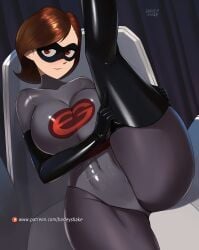 1girls barleyshake breasts brunette female female_only gloves helen_parr large_breasts looking_at_viewer mask red_eyes short_hair solo tagme the_incredibles thick_thighs watermark