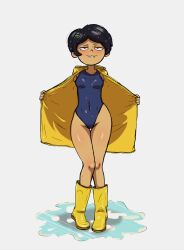 1girls amphibia artist_request biting_lip blue_one-piece_swimsuit boots clothing dark_skin disney disney_channel female flashing footwear human marcy_wu one-piece_swimsuit outerwear puddle rain_boots raincoat short_black_hair solo swimsuit swimwear wet yellow_boots