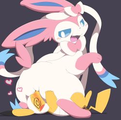 2023 black_ear_tips black_nose blue_sclera blush blush_lines bondage bound bow_(anatomy) cute_fangs duo ear_bow_(anatomy) ear_tuft eeveelution generation_1_pokemon generation_6_pokemon heart hi_res multicolored_body multicolored_ribbon nintendo parupoke pikachu pink_ears pink_paws pink_tail pink_tail_tuft pokémon_(species) pokemon pokemon_(species) pupils purple_inner_ear red_cheekdots ribbon_bondage ribbons simple_background sucking sylveon tail tuft unconscious white_body white_pupils yellow_body yellow_tail