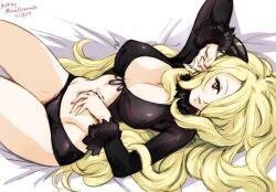 1girls bed big_breasts black_crop_top black_shorts blonde_hair breasts busty crop_top cynthia_(pokemon) female female_only fur_collar hair_ornament hair_over_one_eye large_breasts long_hair looking_at_viewer lying midriff minacream navel nintendo on_bed pokemon pokemon_dppt seductive seductive_smile sensual short_shorts shorts solo voluptuous yellow_eyes