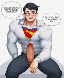 balls big_balls big_penis blush boner clark_kent dc_comics erection glasses male male_only muscles muscular my_adventures_with_superman penis penis_out sitting solo solo_male speech_bubble superman superman_(series) tuanenoh